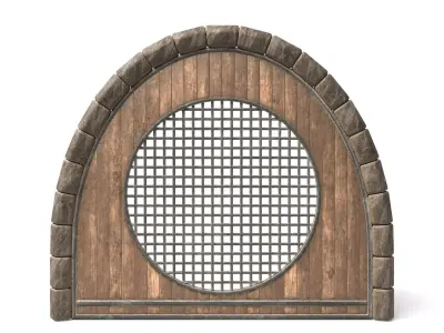 Hobbit Medieval Wooden Door with Large Metal Window Low-poly 3D model