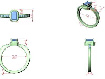 Emerald Cut Diamond Ring CAD Model with Side Gems 3D print model