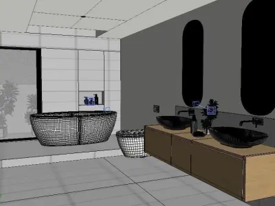 Bathroom 3D model modern with two sinks and bathtub 3D model