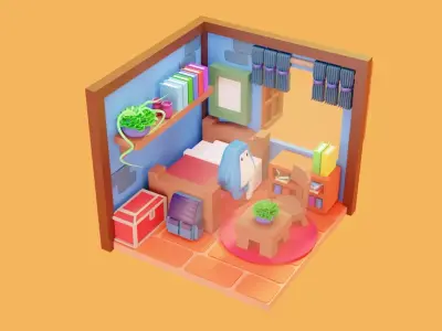 Lowpoly cute monster bedroom Low-poly 3D model