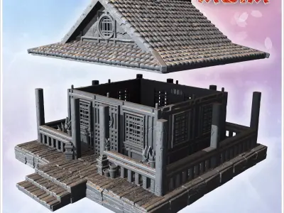Single-story house with tiled roof wooden railings and decorativ 3D print model