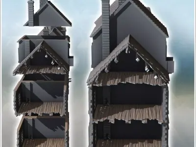 Set of four attached European ruined houses with chimneys and ro 3D print model