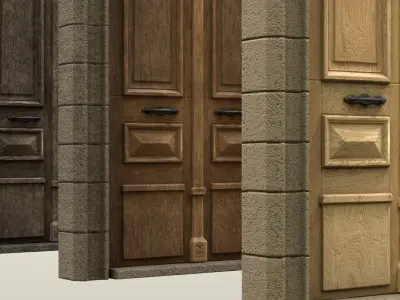 Entrance Wooden Double Door realistic with window Low-poly 3D model