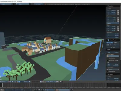 Low-Poly Town city with river and houses Low-poly 3D model