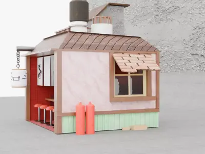 Low Poly Japanese Ramen Shop  Stall Game Ready 3D Model Low-poly 3D model
