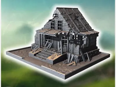 Wooden house with damaged roof broken stairs and scattered debri 3D print model