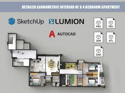 Detailed Axonometric Interior of a 4 bedroom apartment 3D model