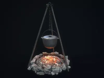 Camping bonfire bowler tripod Low-poly 3D model