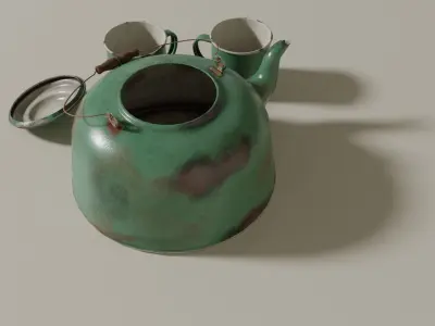 Tin kettle and cups Low-poly 3D model