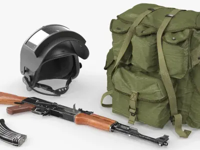  Armor Helmet with Ak-47 Rifle and Tactical Backpack 