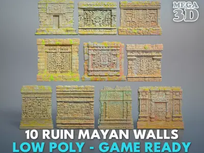 Low poly ruin Mayan Temple Walls - 240712 Low-poly 3D model