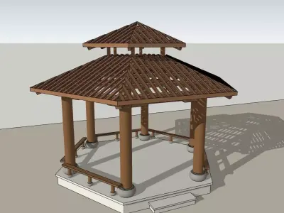 Traditional Asian Pavilion-Wooden Structure with Tiled Roof 3D model