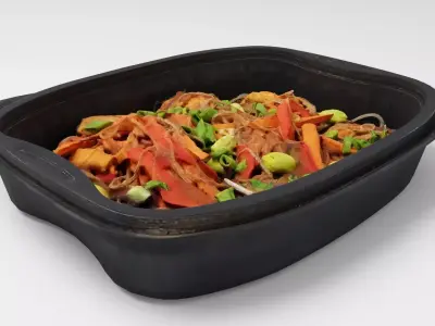 lunch box with fried noodles chicken vegetables 3D model