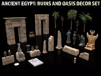 Ancient Egypt Ruins and Oasis Decor Set 3D model