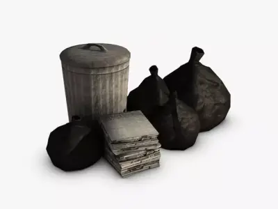 Trash Collection three cans and garbage bag Low-poly 3D model