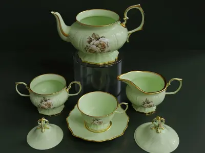 Antique porcelain tea set with flowers 3D model