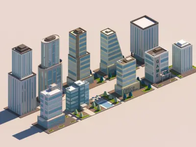 Cartoon Low Poly Tall Buildings Package Low-poly 3D model
