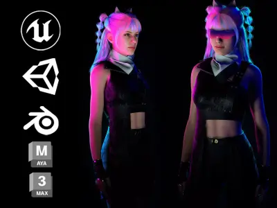 Lunara Neon Punk Female Character with Stylized Hair Low-poly 3D model