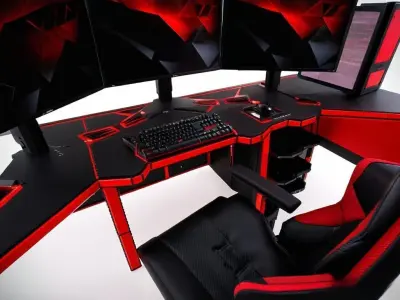 Elite 3D Model for Rendering GamingSetup with TripleScreens Low-poly 3D model
