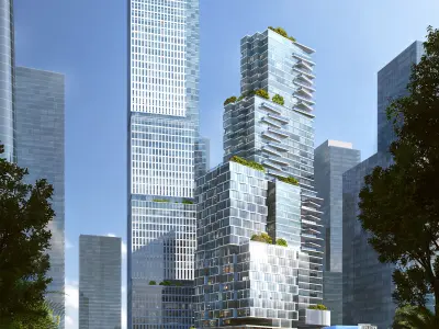 Modern Riverfront Cityscape with Mixed-Use Glass Skyscraper 3D model