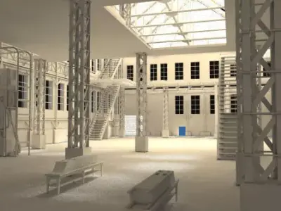 Factory model inside of empty building Low-poly 3D model