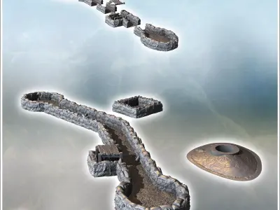 Set of modern trenches with wooden casemate and machine gun posi 3D print model