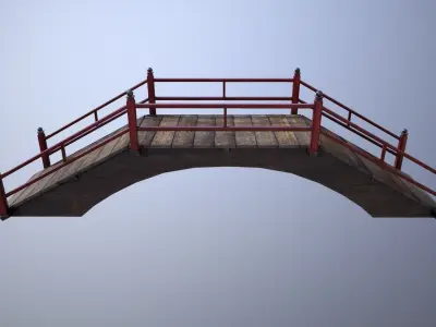 Oriental wooden bridge Low-poly 3D model