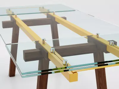 Tracks table with glass top and wooden legs 3D model