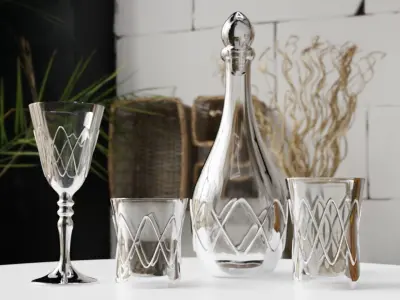 Glass Set silver decanter and glasses on table 3D model