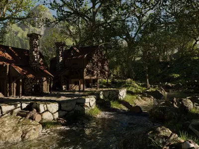 Cabin River Landscape Scene 3D model