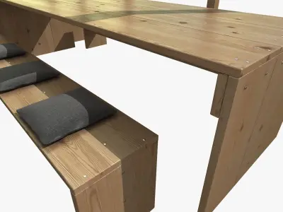 pergola with wooden table bench lights 3D model