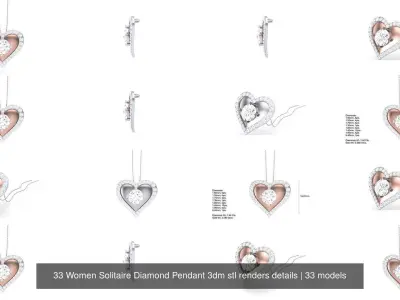 33 Women Solitaire Diamond Pendant 3dm stl renders details 3D Model Pack