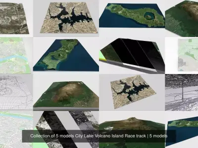 Collection of 5 models City Lake Volcano Island Race track 3D Model Pack