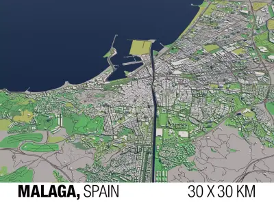 Malaga Spain 30x30km City Map 3D model