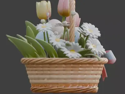 3D WOODEN EASTER BASKET WITH  EGGS AND SPRING FLOWERS V01 Low-poly 3D model