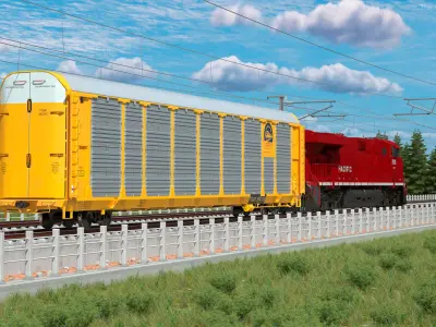  Freight Train with Autorack Train Car on Railway 