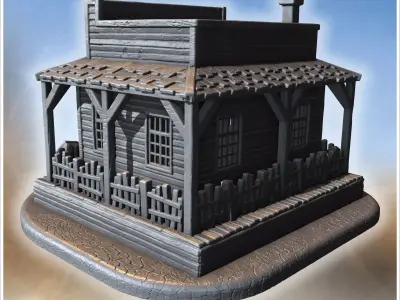 Funeral home with wooden coffins porch columns picket fence and  3D print model