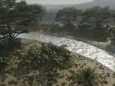 Lush green forest with waterfall and fog Low-poly 3D model