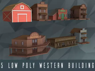 Low poly western buildings Low-poly 3D model