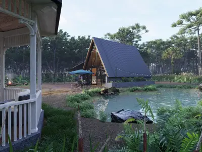 Modern A-Frame Cabin in Forest 3D model