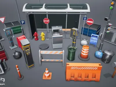 Stylized Urban Props Low-poly 3D model