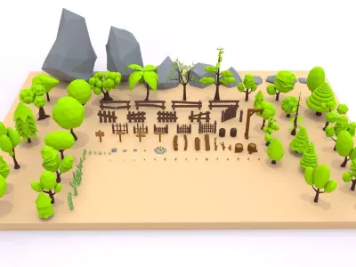 Trees Flowers and Rocks Low-poly 3D model