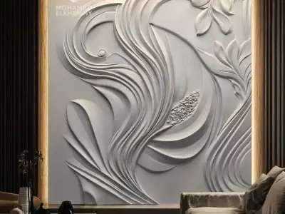 Fluid Organic Relief Panel Wall Decor Set STL Mural CNC 374 3D model