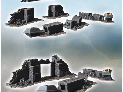Heavily damaged building with exposed interior large windows and 3D print model
