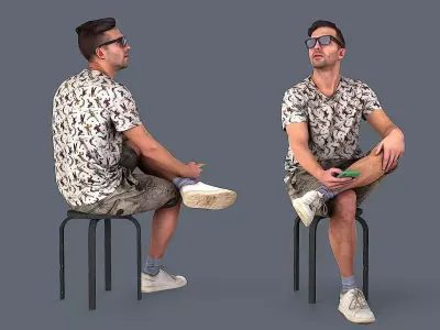 Sitting Observer Young Man in Casual T-shirt and Shorts 3D model