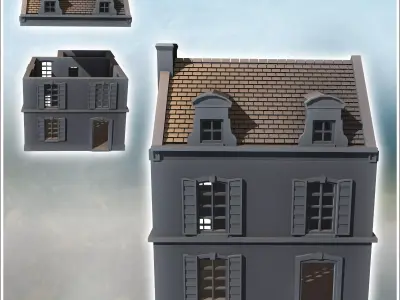 Two-story building with baroque-style roof windows and rear anne 3D print model