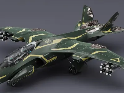 Sci Fi Green Military Fighter Jet Rigged for Cinema 4D 3D model