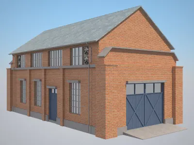 Warehouse 4 brick building with doors Low-poly 3D model
