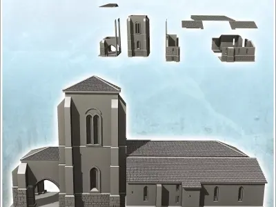 European church with bell tower tiled roof and numerous buttress 3D print model