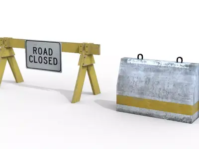 Roadblock 3D Model Wooden and Concrete Barrier Set Low-poly 3D model
